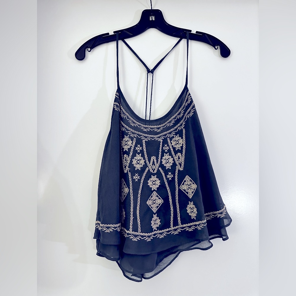 Dusty blue boho top with cream stitching design